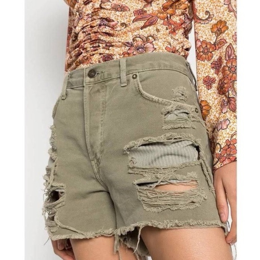 Free People We The Free Maggie Mid-rise Olive Distressed High-Rise Jean Shorts (